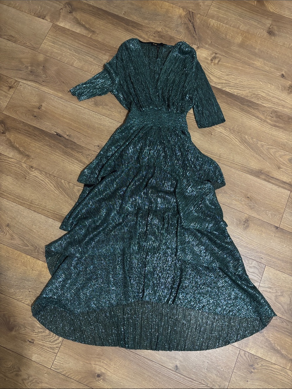 Maje Ruffine Stretch Lurex Metallic Green Ruffle Midi Dress Size 42 - Picture 8 of 14